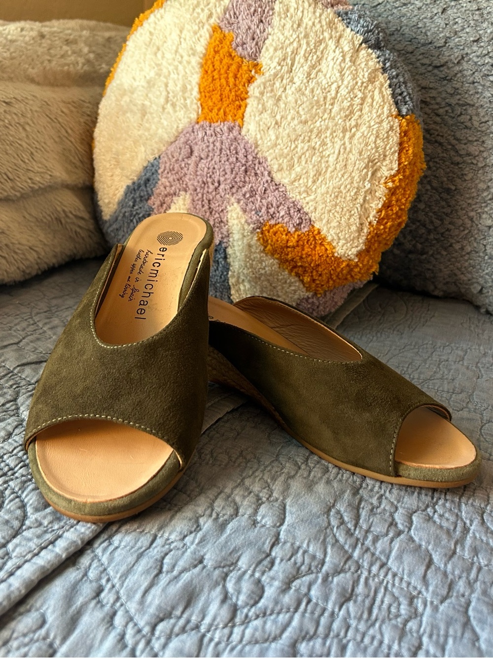 Eric Michael Olive Green Suede Espadrille Slides